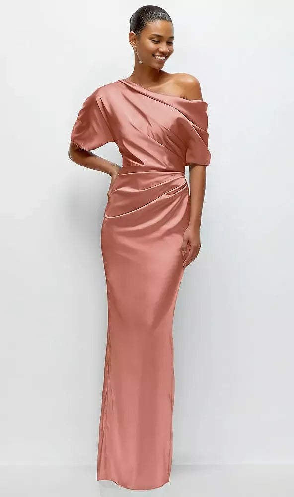 Column Asymmetrical Off-the-Shoulder Short Sleeve Backless Floor-Length Mother of the Bride Dress