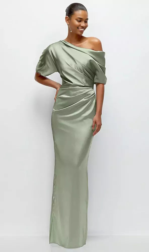 Column Asymmetrical Off-the-Shoulder Short Sleeve Backless Floor-Length Mother of the Bride Dress