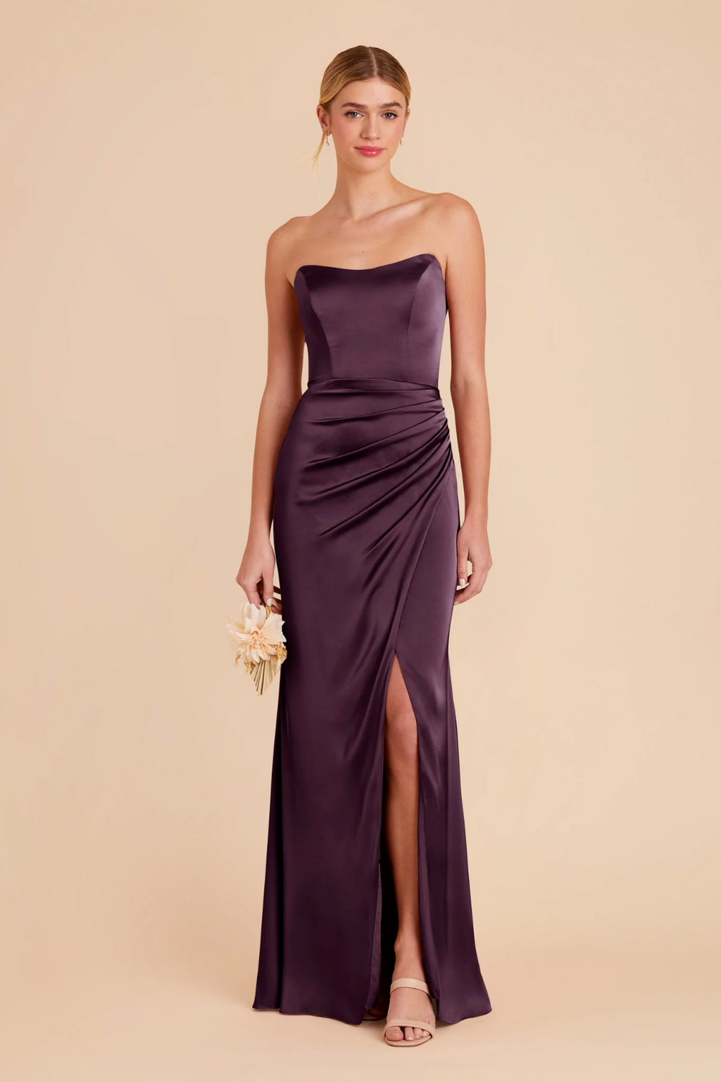 Elegant Convertible Satin Ruched Waist High Slit Floor-Length Bridesmaid Dress