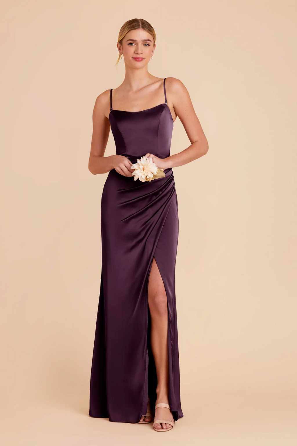Elegant Convertible Satin Ruched Waist High Slit Floor-Length Bridesmaid Dress