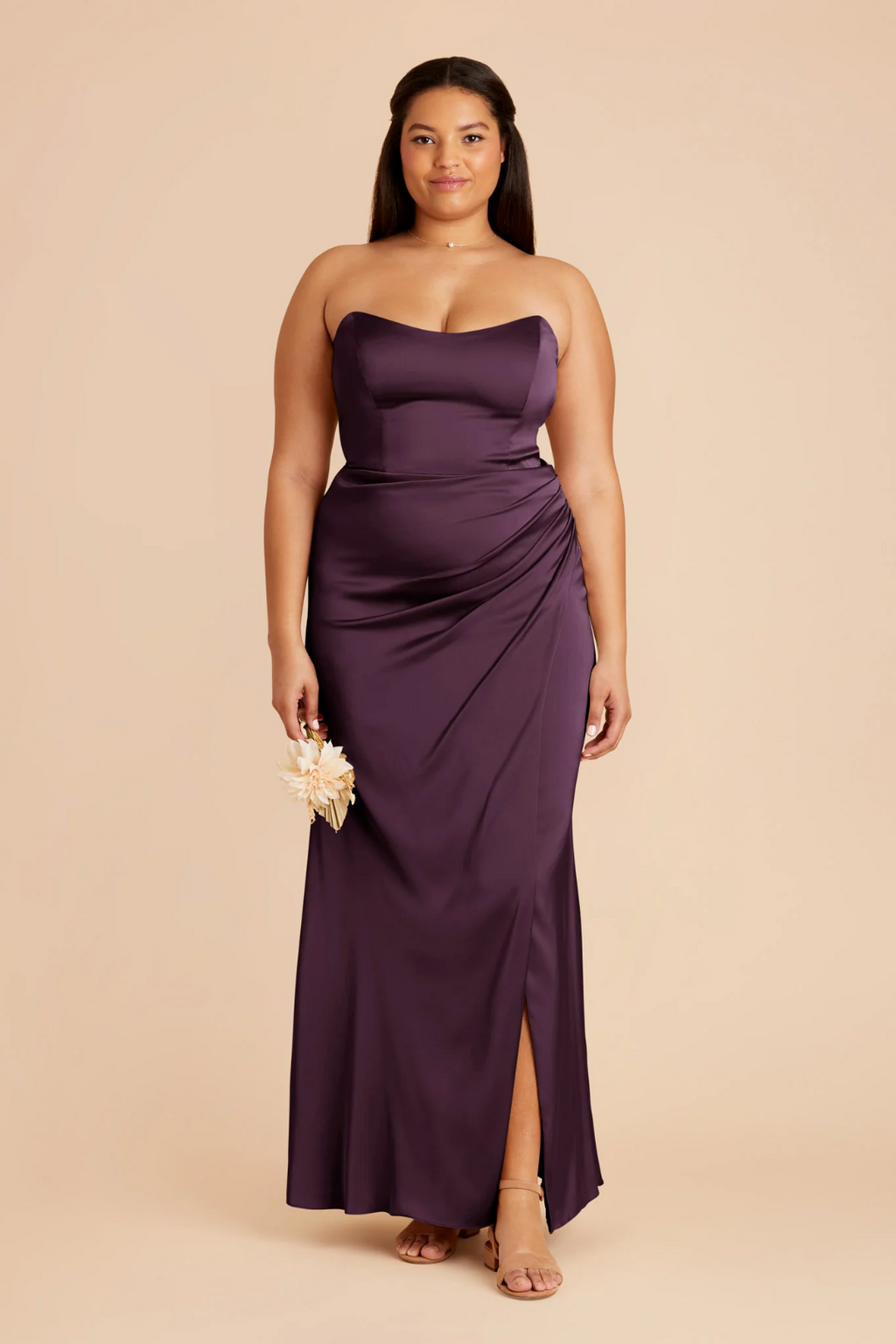 Elegant Convertible Satin Ruched Waist High Slit Floor-Length Bridesmaid Dress