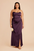 Elegant Convertible Satin Ruched Waist High Slit Floor-Length Bridesmaid Dress