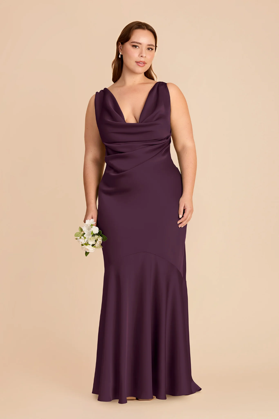 Elegant Cowl Neck Satin Bridesmaid Dress with Crisscross Open Back and Mermaid Skirt