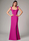 Elegant Crepe Sheath Square Neck Ruffle Straps Low Back Floor Length Bridesmaid Dress with Slit