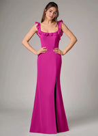 Elegant Crepe Sheath Square Neck Ruffle Straps Low Back Floor Length Bridesmaid Dress with Slit