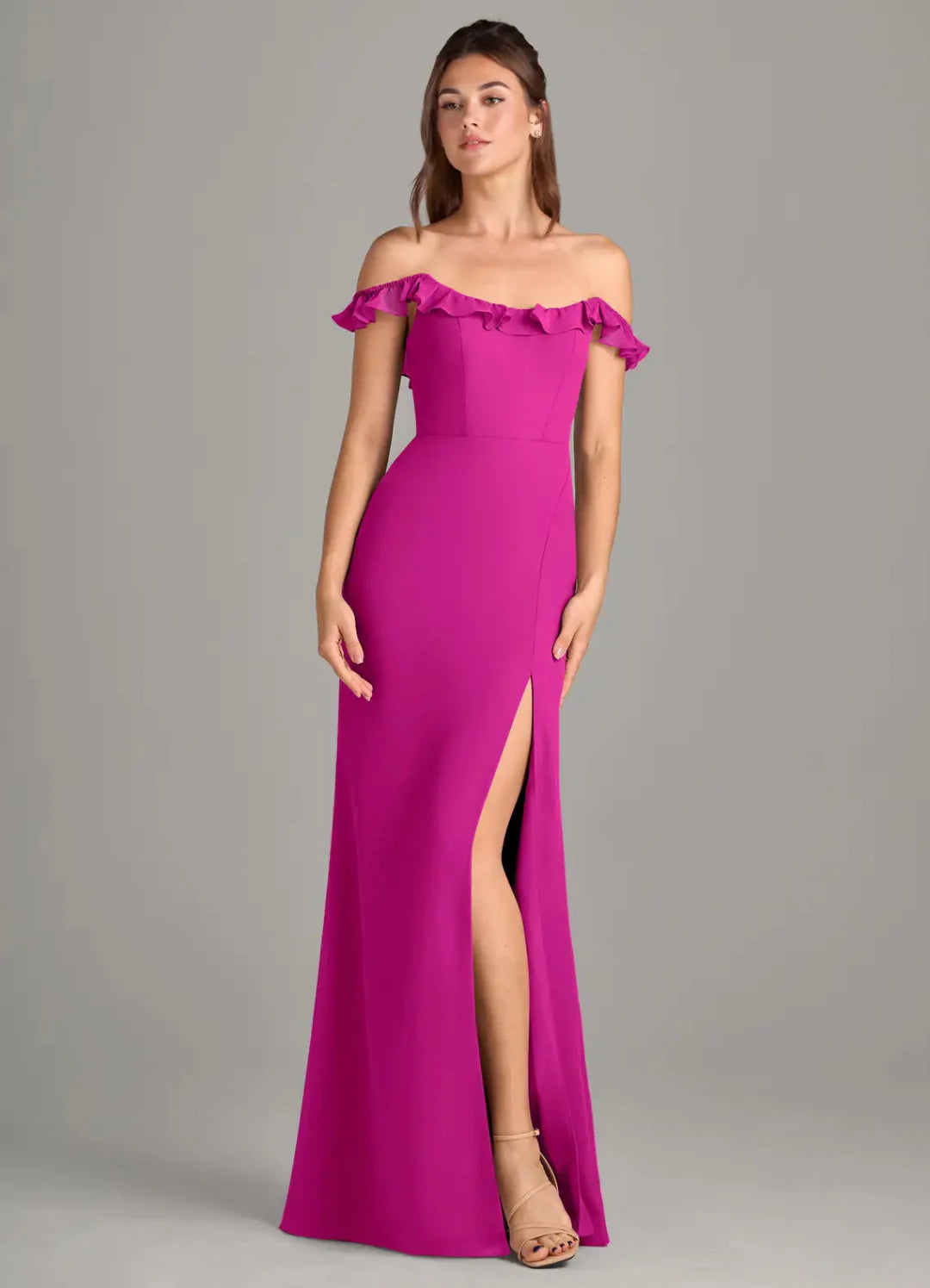 Elegant Crepe Sheath Square Neck Ruffle Straps Low Back Floor Length Bridesmaid Dress with Slit