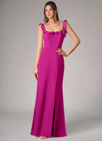 Elegant Crepe Sheath Square Neck Ruffle Straps Low Back Floor Length Bridesmaid Dress with Slit