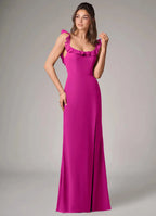 Elegant Crepe Sheath Square Neck Ruffle Straps Low Back Floor Length Bridesmaid Dress with Slit
