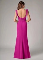 Elegant Crepe Sheath Square Neck Ruffle Straps Low Back Floor Length Bridesmaid Dress with Slit