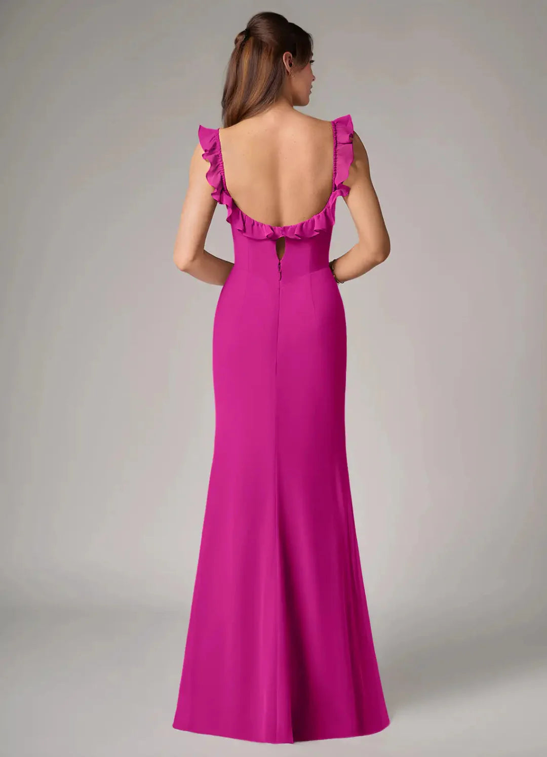 Elegant Crepe Sheath Square Neck Ruffle Straps Low Back Floor Length Bridesmaid Dress with Slit