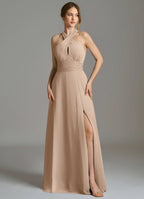Elegant Crisscross Halter Bridesmaid Dresses with Ruched Waist Detail, Daring High Slit and Flowing Chiffon Maxi Silhouette Formal Gown