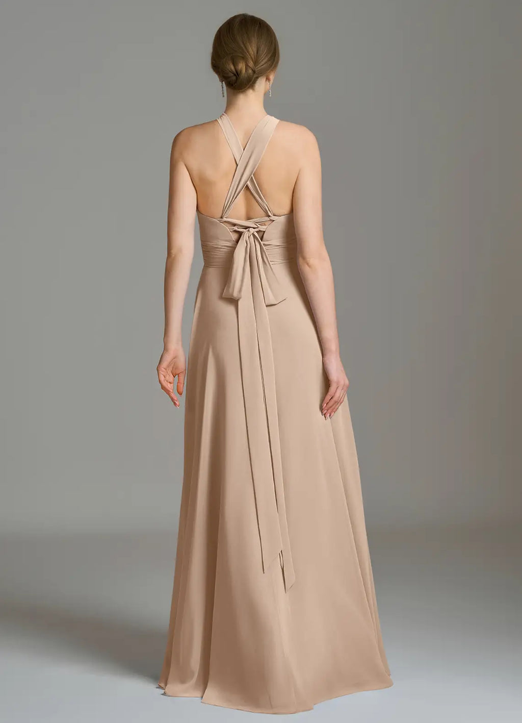 Elegant Crisscross Halter Bridesmaid Dresses with Ruched Waist Detail, Daring High Slit and Flowing Chiffon Maxi Silhouette Formal Gown