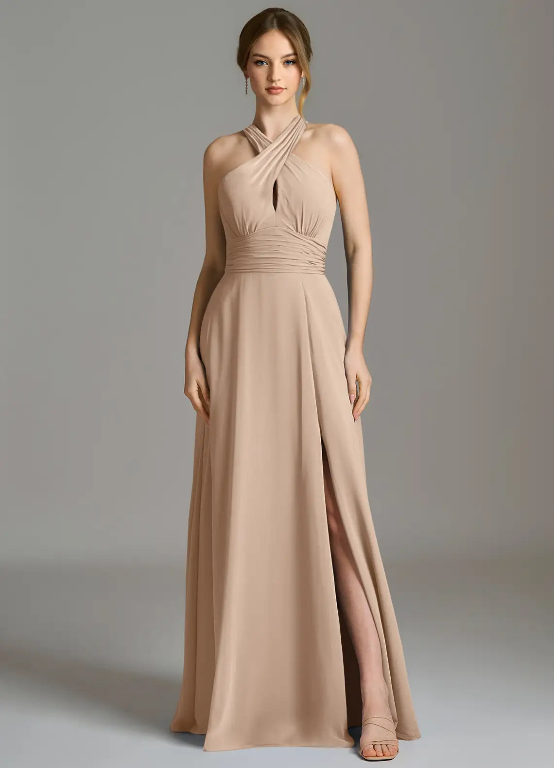 Elegant Crisscross Halter Bridesmaid Dresses with Ruched Waist Detail, Daring High Slit and Flowing Chiffon Maxi Silhouette Formal Gown