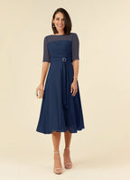 Navy Dress Elegant Dark A-Line Boatneck Pleated Dress Short Sleeve V Back Tea-Length Mother of the Bride Dress