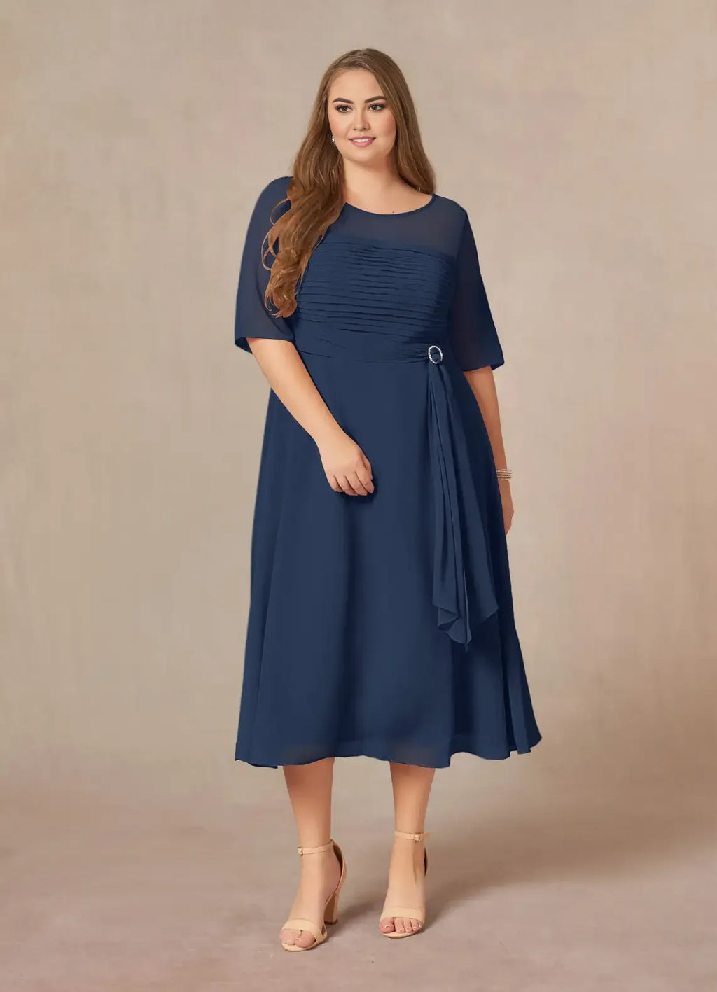 Navy Dress Elegant Dark A-Line Boatneck Pleated Plus Size Mother of the Bride Dress Short Sleeve V Back Tea-Length Mother of the Bride Dress