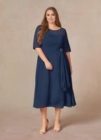 Navy Dress Elegant Dark A-Line Boatneck Pleated Plus Size Mother of the Bride Dress Short Sleeve V Back Tea-Length Mother of the Bride Dress
