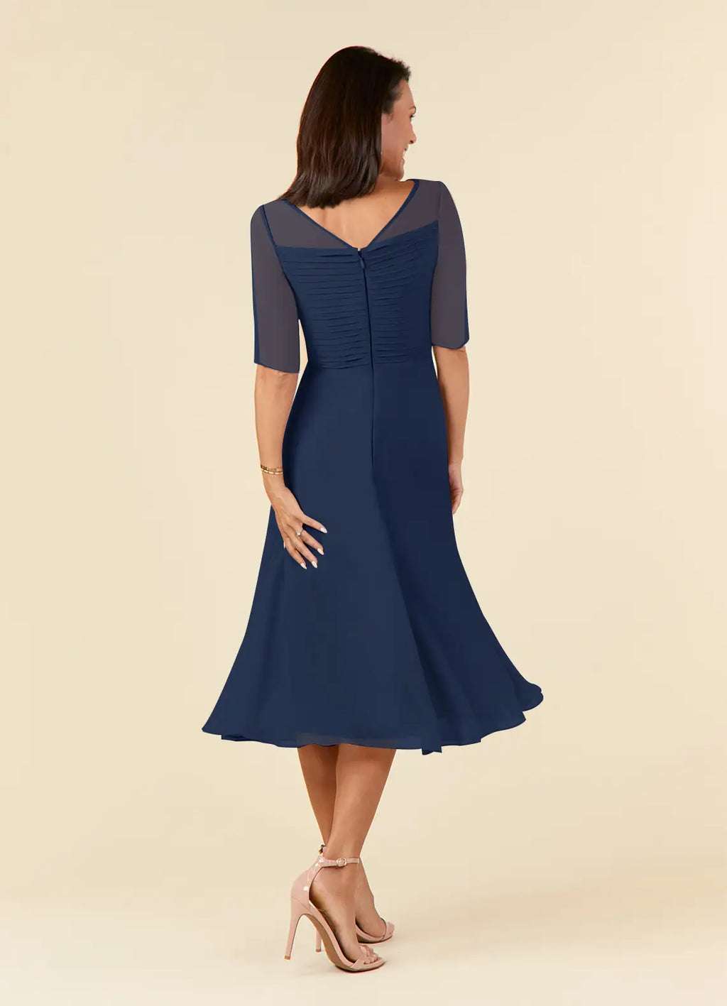 Navy Dress Elegant Dark A-Line Boatneck Pleated Dress Short Sleeve V Back Tea-Length Mother of the Bride Dress