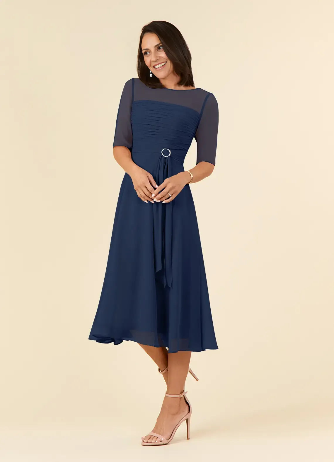 Navy Dress Elegant Dark A-Line Boatneck Pleated Dress Short Sleeve V Back Tea-Length Mother of the Bride Dress