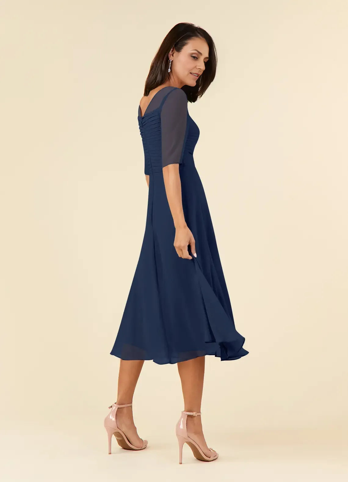 Navy Dress Elegant Dark A-Line Boatneck Pleated Dress Short Sleeve V Back Tea-Length Mother of the Bride Dress