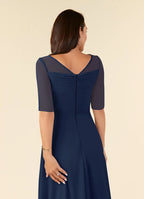 Navy Dress Elegant Dark A-Line Boatneck Pleated Dress Short Sleeve V Back Tea-Length Mother of the Bride Dress