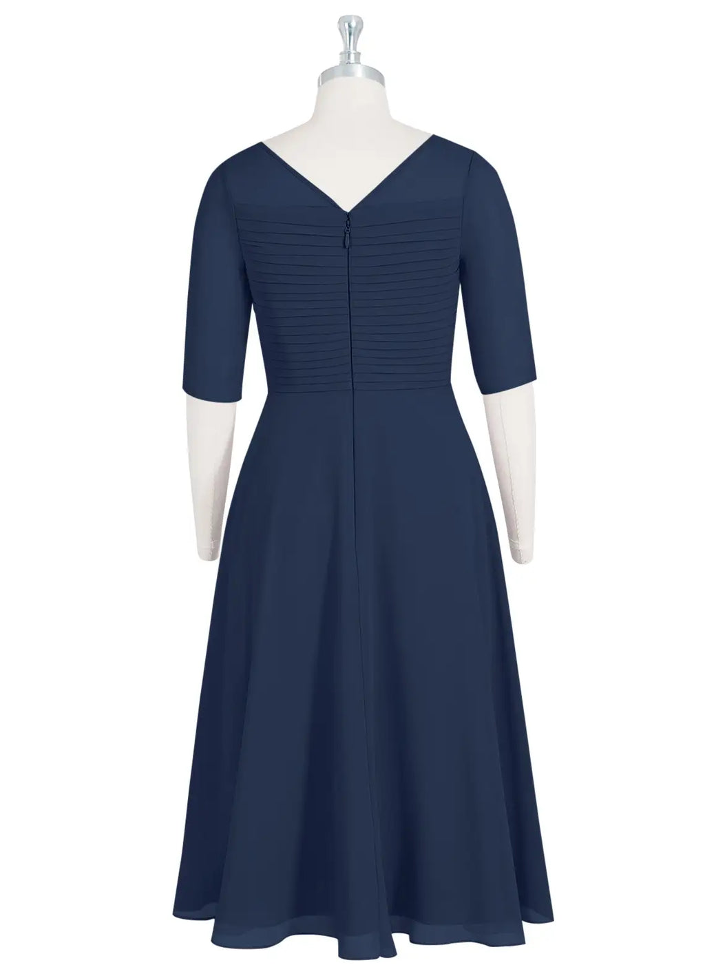 Navy Dress Elegant Dark A-Line Boatneck Pleated Dress Short Sleeve V Back Tea-Length Mother of the Bride Dress