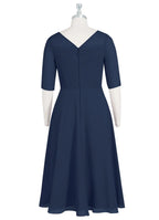 Navy Dress Elegant Dark A-Line Boatneck Pleated Dress Short Sleeve V Back Tea-Length Mother of the Bride Dress