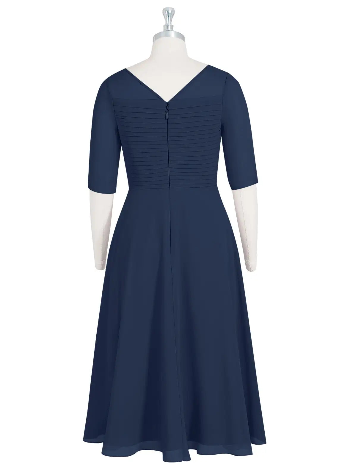 Navy Dress Elegant Dark A-Line Boatneck Pleated Dress Short Sleeve V Back Tea-Length Mother of the Bride Dress
