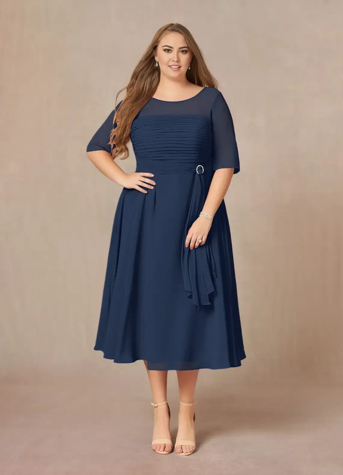 Navy Dress Elegant Dark A-Line Boatneck Pleated Plus Size Mother of the Bride Dress Short Sleeve V Back Tea-Length Mother of the Bride Dress
