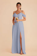 Elegant Dusty Blue Chiffon Cold-Shoulder Deep V-Neck Maxi Bridesmaid Dress with High Side Slit