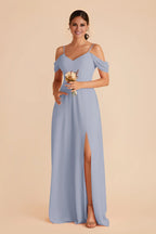 Elegant Dusty Blue Chiffon Cold-Shoulder Deep V-Neck Maxi Bridesmaid Dress with High Side Slit