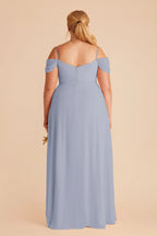 Elegant Dusty Blue Chiffon Cold-Shoulder Deep V-Neck Maxi Bridesmaid Dress with High Side Slit