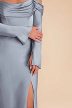Elegant Dusty Blue Satin Off-the-Shoulder Long-Sleeve Maxi Bridesmaid Dress with Ruched Bodice & High Side Slit