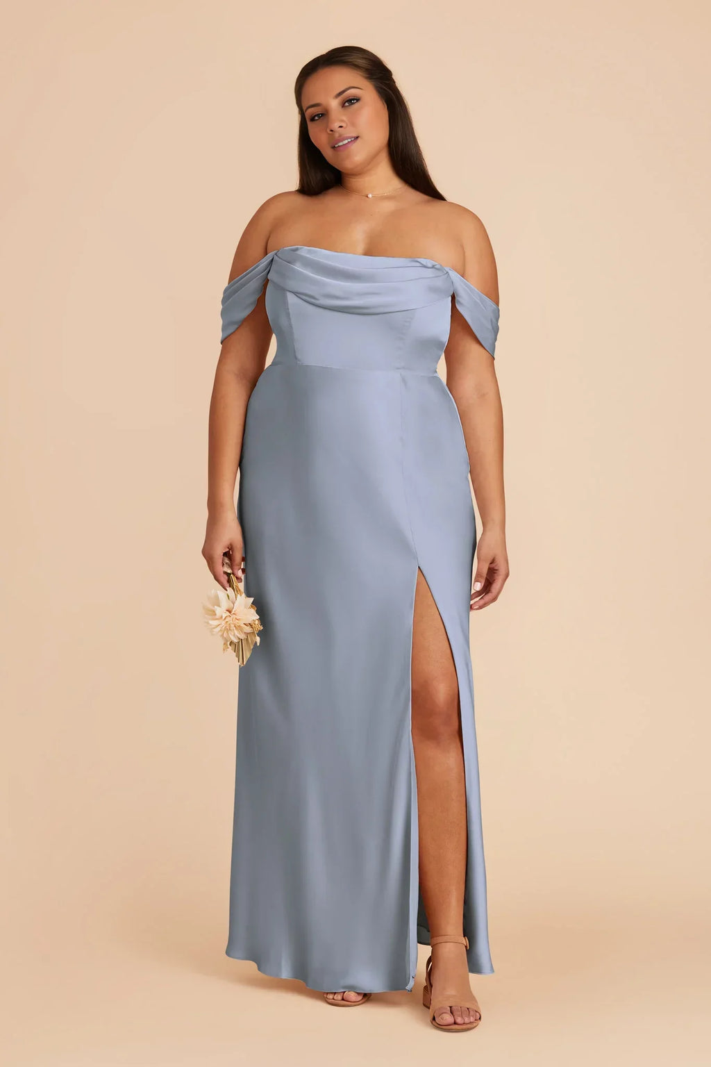 Elegant Dusty Blue Satin Off-the-Shoulder Maxi Bridesmaid Dress with Cowl Neck & High Side Slit