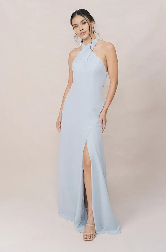 Fitted A-line Halter Neck Sleeveless Backless Ankle-Length Bridesmaid Dress