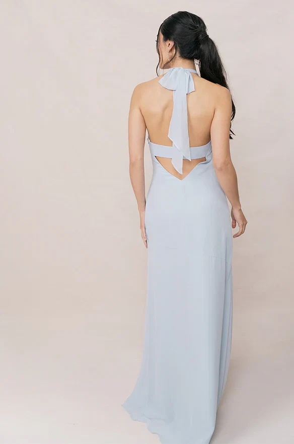 Fitted A-line Halter Neck Sleeveless Backless Ankle-Length Bridesmaid Dress