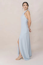 Fitted A-line Halter Neck Sleeveless Backless Ankle-Length Bridesmaid Dress
