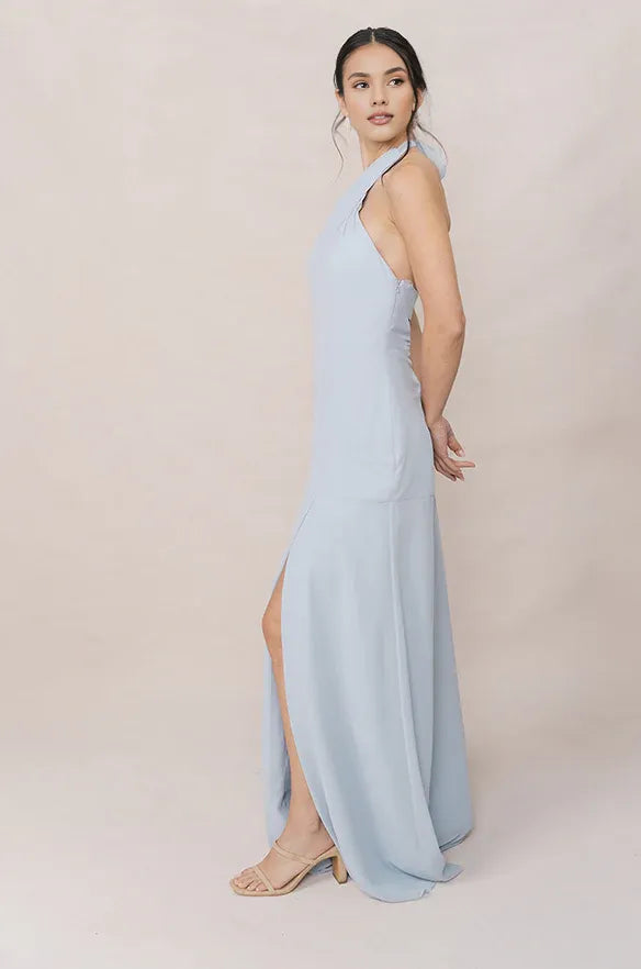 Fitted A-line Halter Neck Sleeveless Backless Ankle-Length Bridesmaid Dress