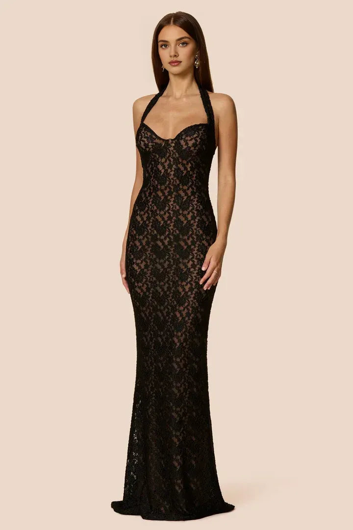 Fitted Halter Neck Sleeveless Backless Floor-Length Prom Dress