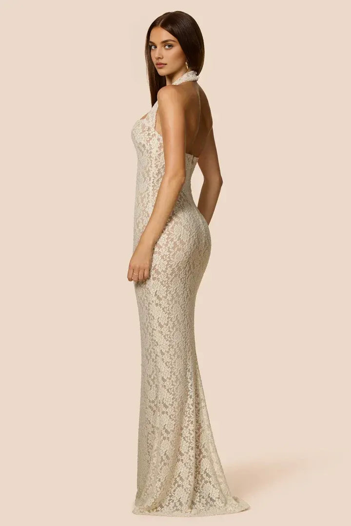 Fitted Halter Neck Sleeveless Backless Floor-Length Prom Dress