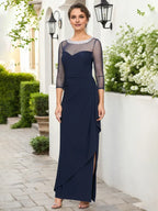 Fitted Illusion Neck Long Sleeve Zipper Up Floor-Length Mother of the Bride Dress