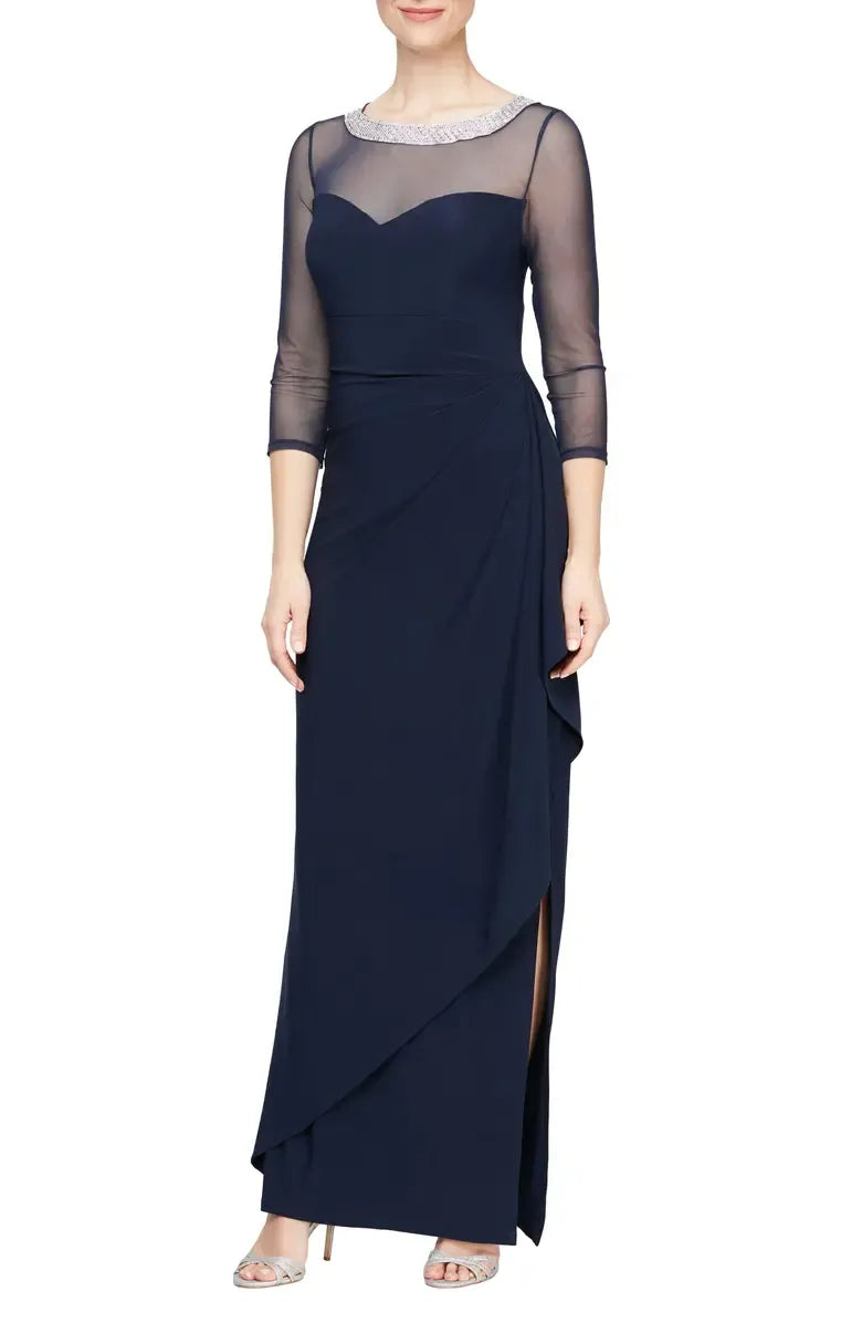 Fitted Illusion Neck Long Sleeve Zipper Up Floor-Length Mother of the Bride Dress