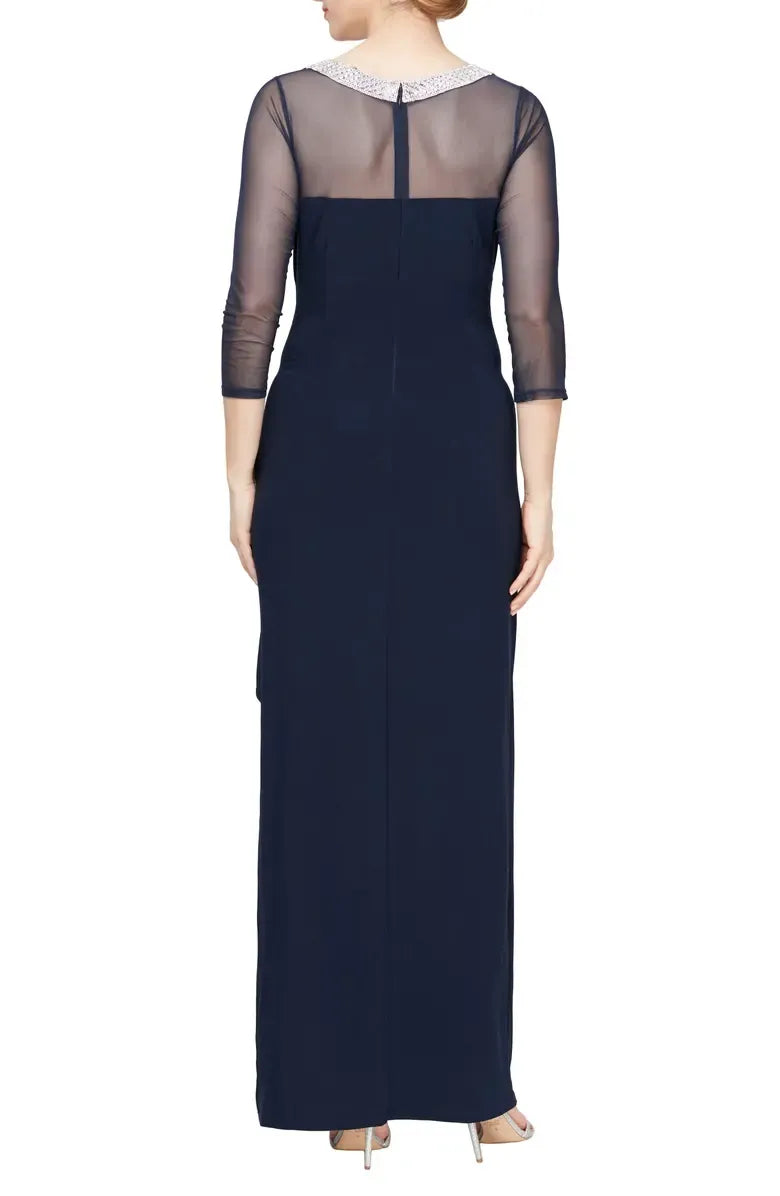 Fitted Illusion Neck Long Sleeve Zipper Up Floor-Length Mother of the Bride Dress