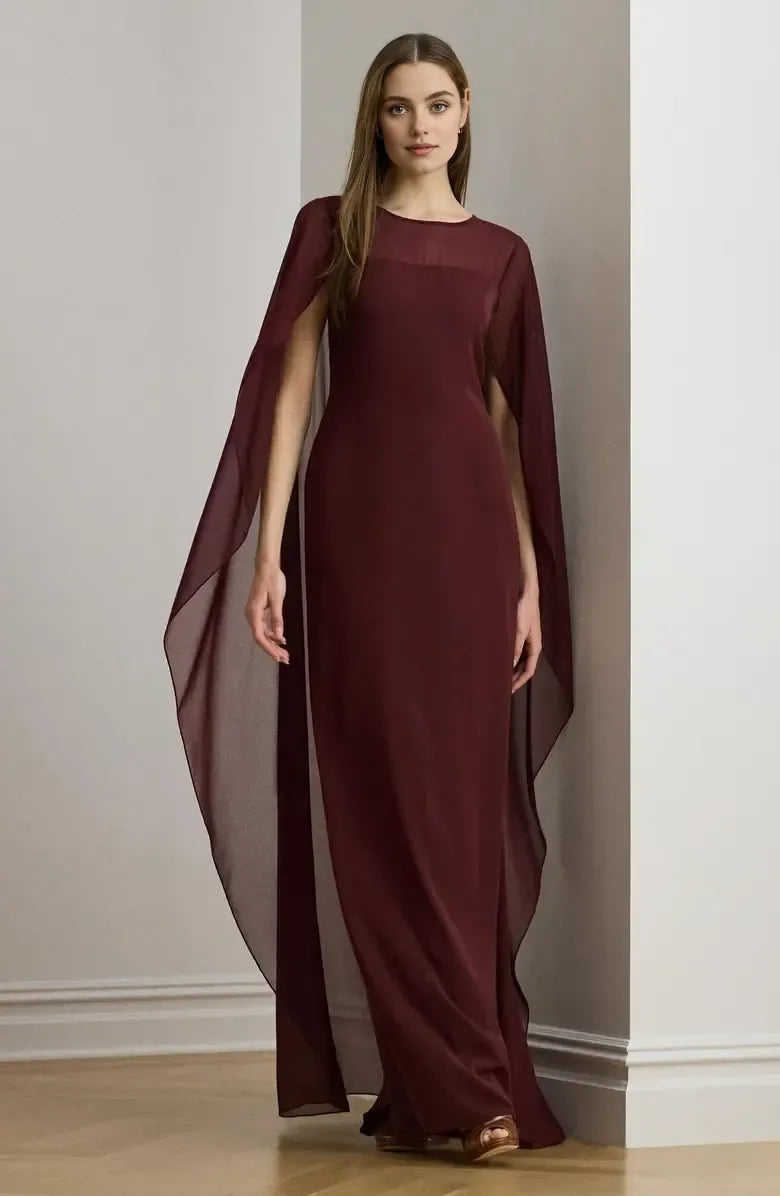 Fitted Scoop Neck Cape Sleeve Zipper Up Floor-Length Prom Dress