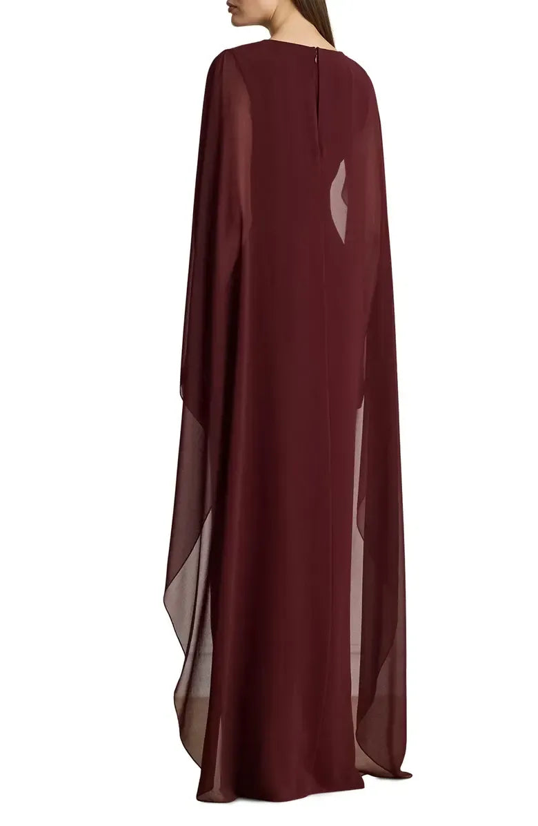 Fitted Scoop Neck Cape Sleeve Zipper Up Floor-Length Prom Dress