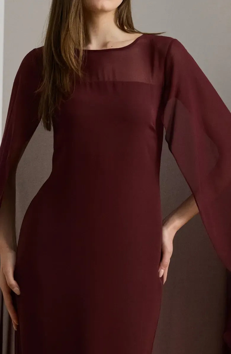 Fitted Scoop Neck Cape Sleeve Zipper Up Floor-Length Prom Dress
