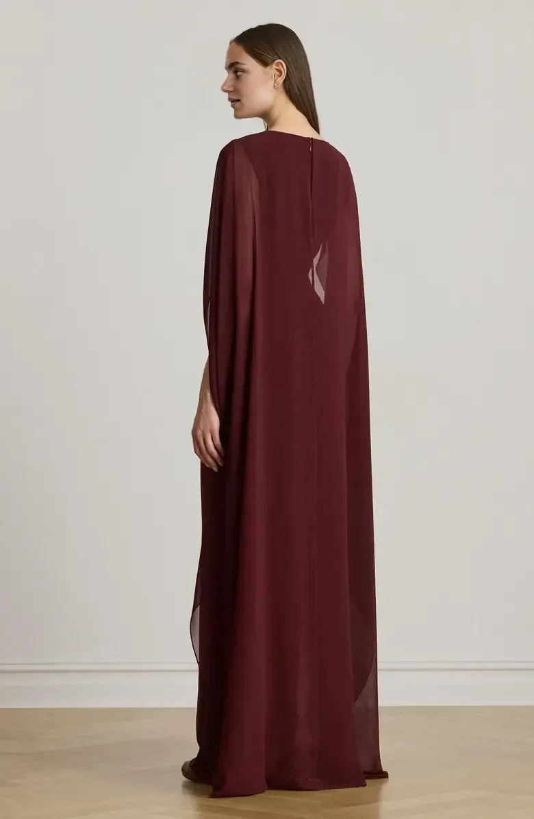 Fitted Scoop Neck Cape Sleeve Zipper Up Floor-Length Prom Dress