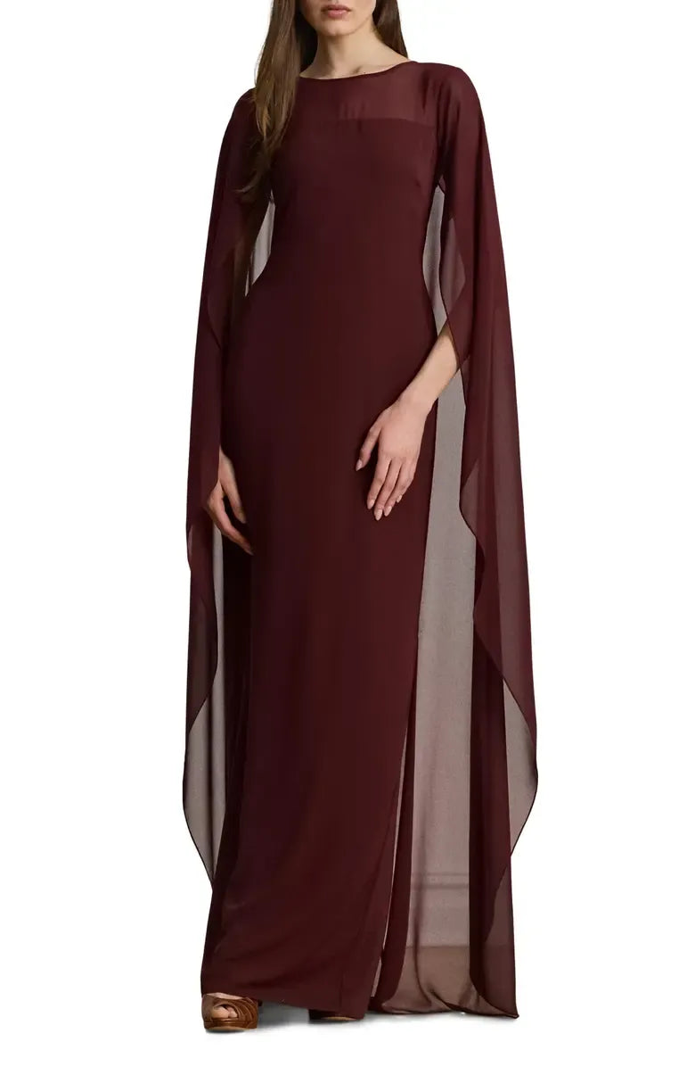 Fitted Scoop Neck Cape Sleeve Zipper Up Floor-Length Prom Dress