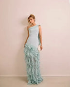 Fitted Sheath One Shoulder Sleeveless Open Back Ruffle Train Evening Dress