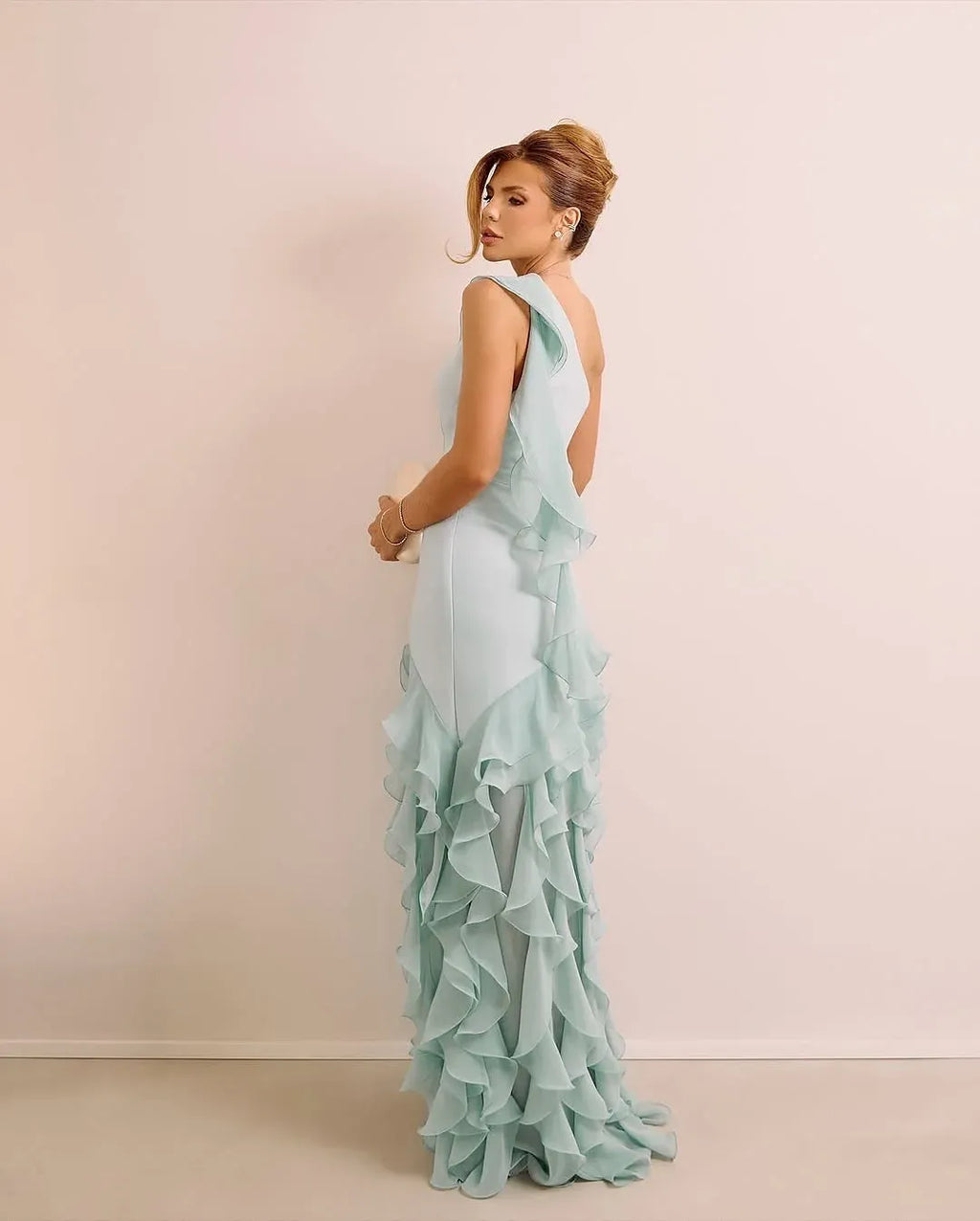 Fitted Sheath One Shoulder Sleeveless Open Back Ruffle Train Evening Dress