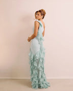 Fitted Sheath One Shoulder Sleeveless Open Back Ruffle Train Evening Dress